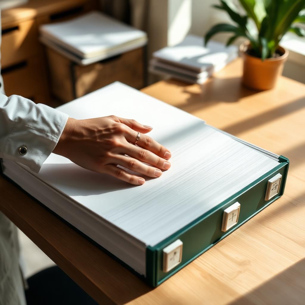 Hands organizing labeled binders of medical records